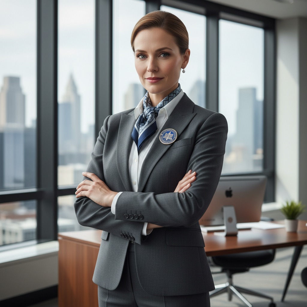 A professional woman in a grey suit and patterned scarf stands with her arms crossed in a modern office overlooking a city skyline.
