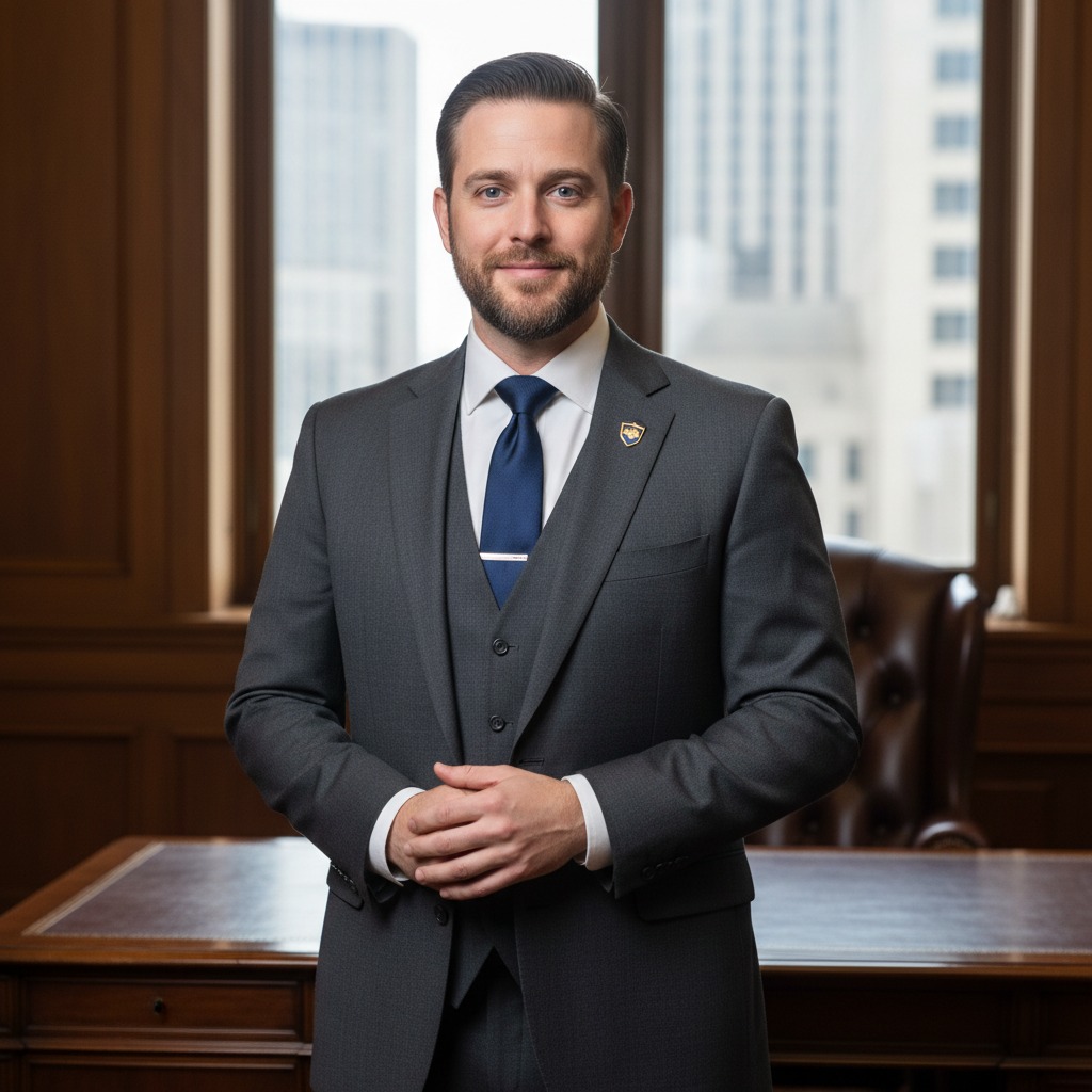 A professional man in a grey three-piece suit and blue tie stands in an office with a city view in the background.